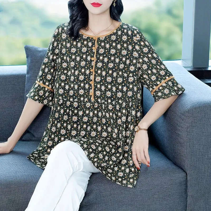 Vintage Star Moon Printed Shirt Summer Round Neck Button Casual Half Sleeve Female Clothing Fashion Korean Loose Midi Blouse New