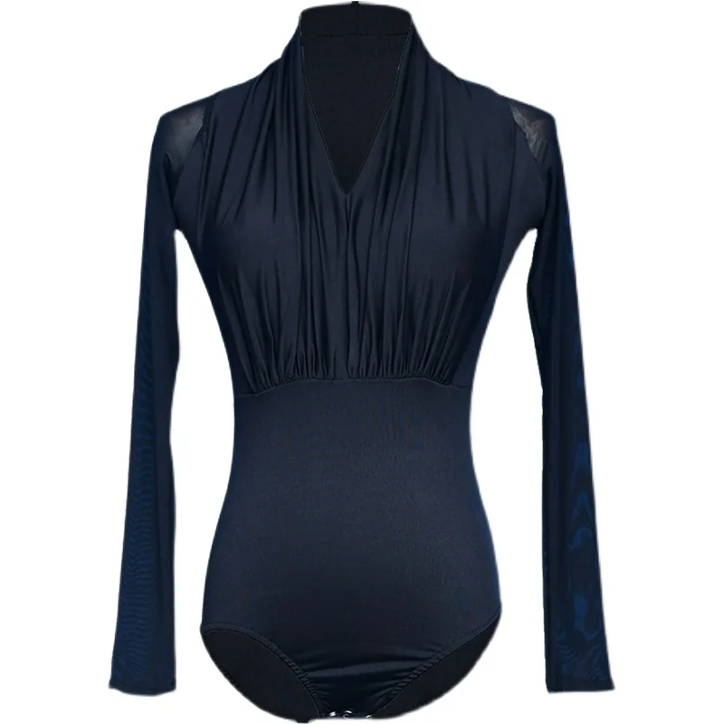 V collar ruffle collar top trousers long sleeve clothing women Latin dance practice bodysuit jumpsuit crotch button