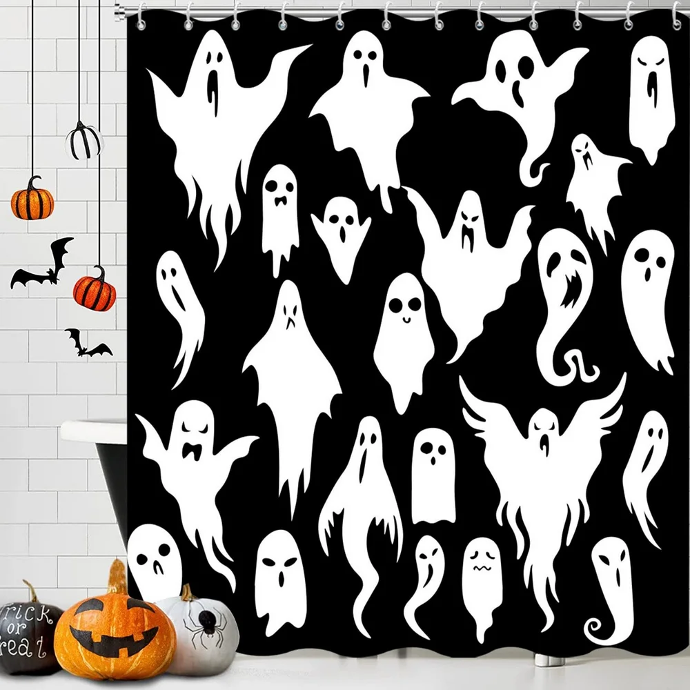 Halloween Shower Curtain Autumn Pumpkin Farm Cars Maple Leaf Bat Castle Witch Ghost Skeleton Bathroom Decorative Shower Curtain
