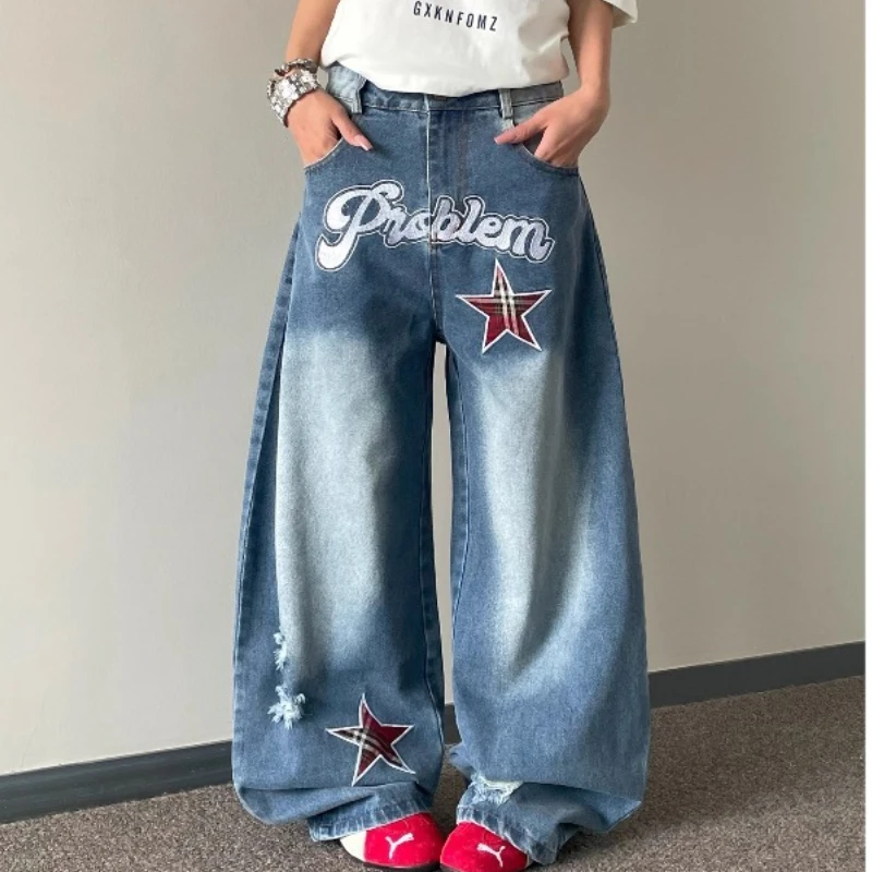 

American High Street Y2K Retro Star Embroidery Scimitar Loose Wide-Leg Jeans for Women 2025 New Floor-Length Pants