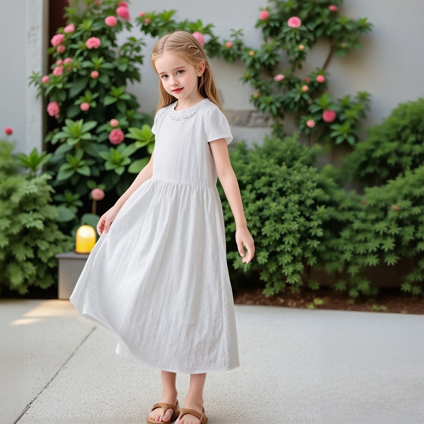 

Girls Textured Dress Ruffle Collar Short Sleeve A-Line Elegant Princess Dress Teen Kids Summer Casual Holiday Wear Yellow/White