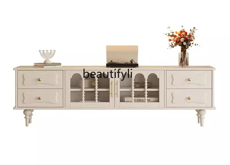 

French Cream Style Solid Wood TV Cabinet Living Room Retro American Small Apartment Locker White TV Stand furniture