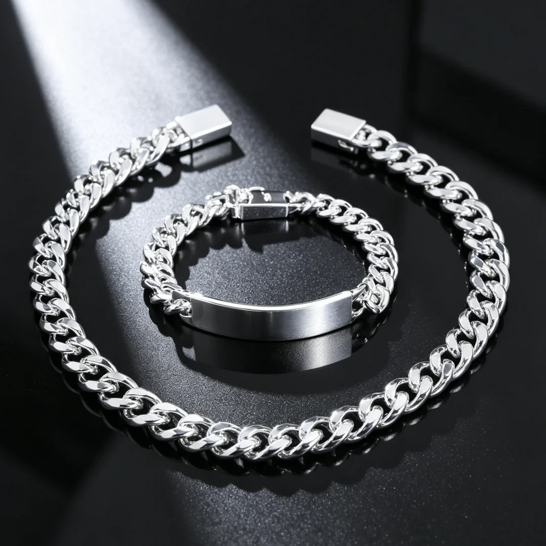 

High-quality 925 sterling silver classic 10MM Figaro chain domineering men's necklace bracelet fashion designer jewelry set Gift