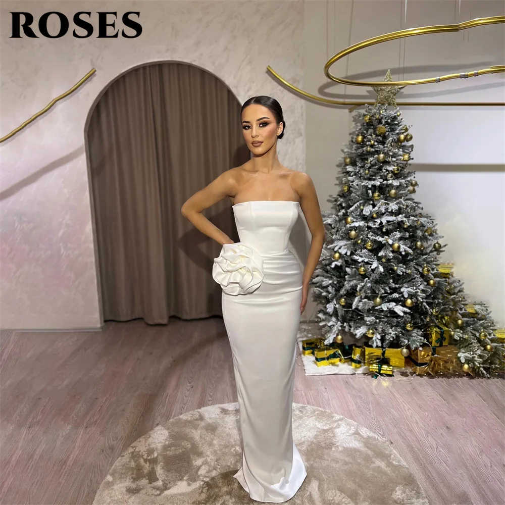 

ROSES White Strapless Prom Dresses For Women 3D Flower Prom Gown Sleeveless Mermaid فستان حفلات الزفاف Stain Wedding Darty Dress