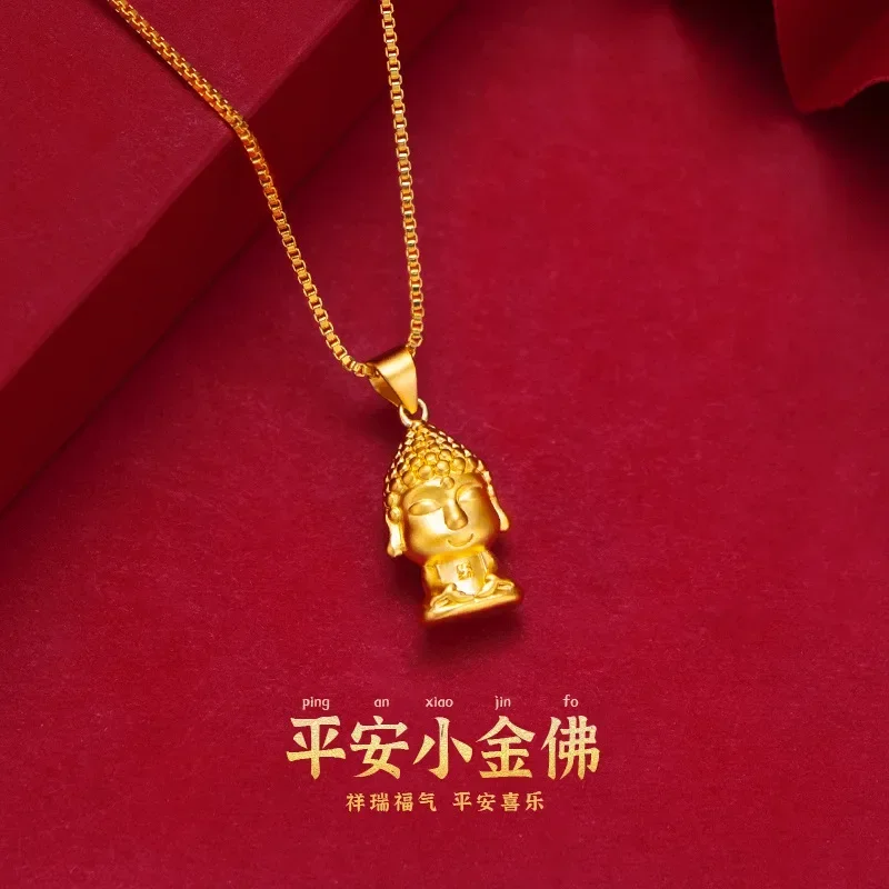 9999 Real Gold 24K 3d Hard Gold Ping An Small Gold Buddha Women's Necklace Jewelry