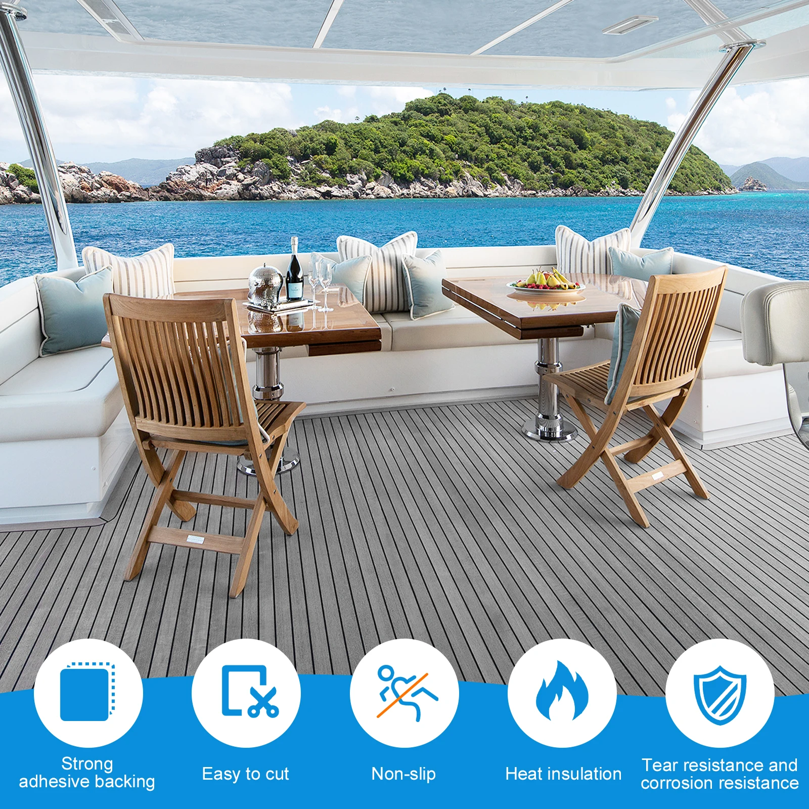 Boat Flooring Sheet 2.4m Self-Adhesive EVA Foam Boat Flooring Non-Slip Carpet for RV Yacht Kayak Sea Deck Faux Teak Marine Mat