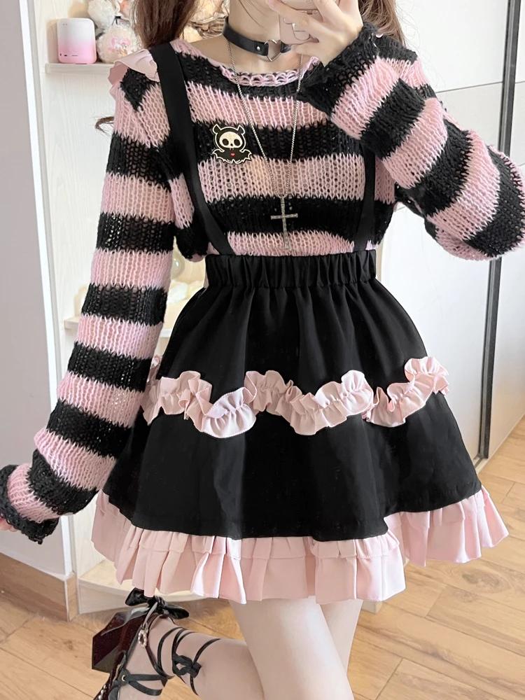 

KIMOKOKM Preppy Style Ball Gown Straps Skirt Kawaii A-Line Lolita Skirts Sweet Black Pink Ruffle Sweetheart Bow Girl Mini Skirt