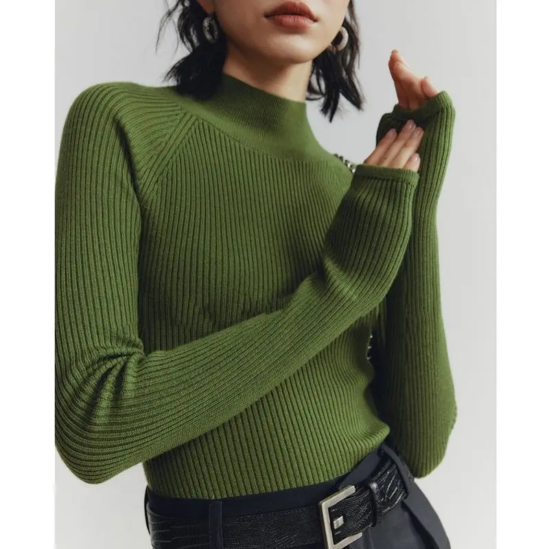 

Autumn Winter Women Half High Collar Soft Warm Ribbed Knitted Sweater Female Solid Long Sleeve Slim Basic Pullover Tops Jumper