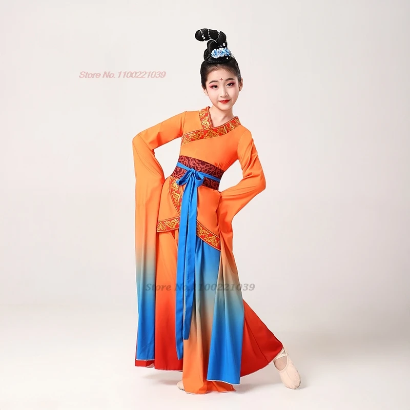 

2026 китайский винтажный детский танцевальный костюм, традиционный градиент цвета, топы и штаны ханьфу, комплект в стиле ретро, платье для выступления на сцене для девочек