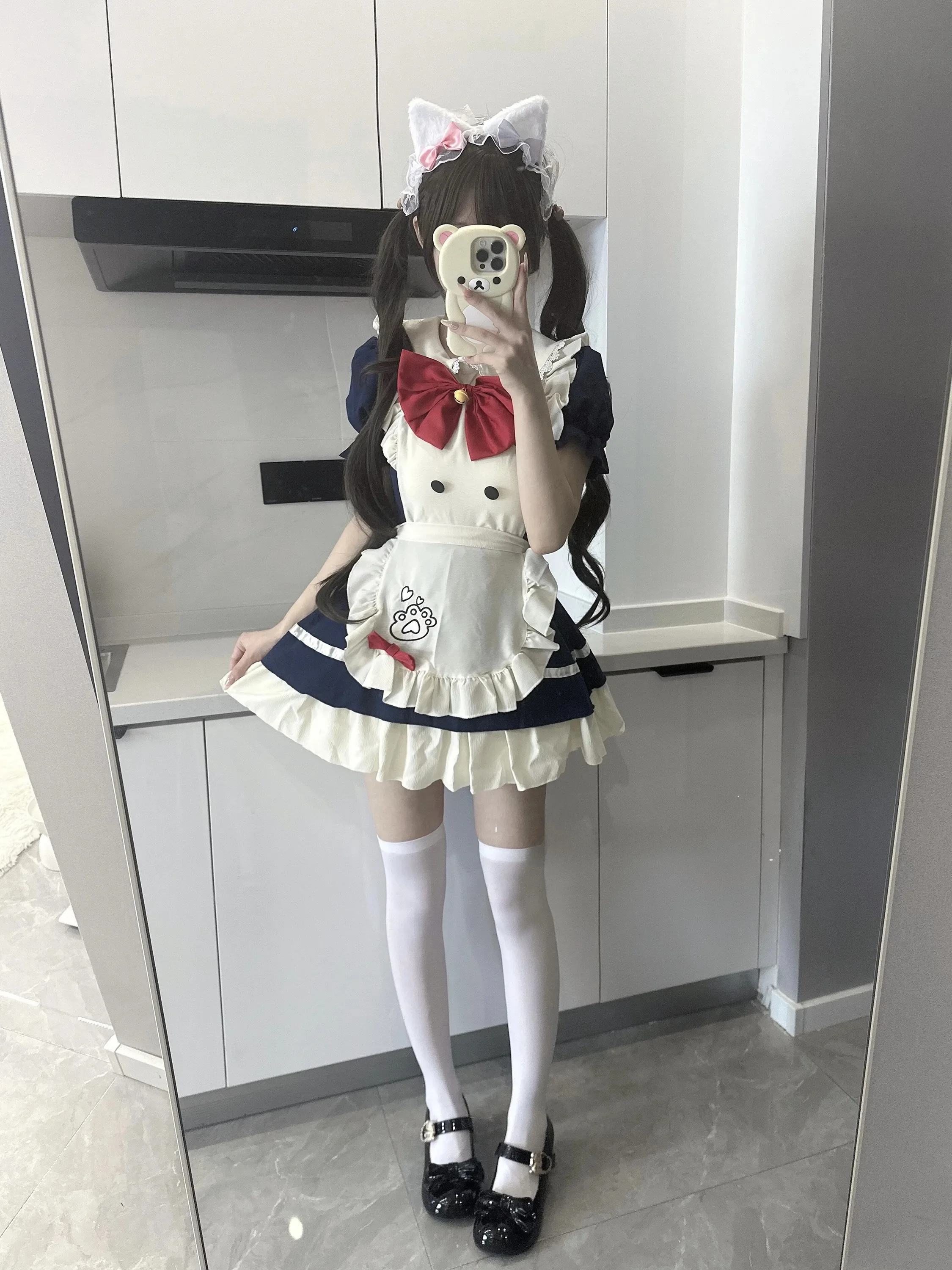 

Cute Sweet Maid Uniform Restaurant Op Dog Short Lolita Dress Princess Style Bubble Sleeve A-Line Silhouette Back Zipper