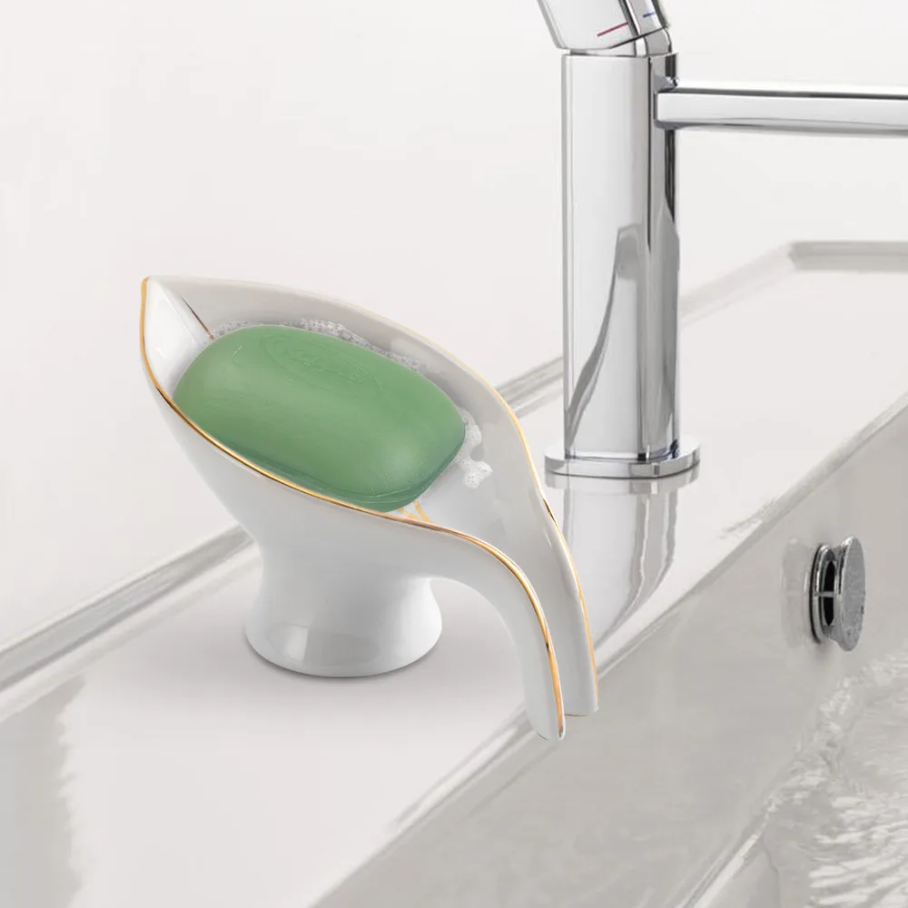 

Soap Dish Automatic Drain Waterfall Soap Holder Leaf-shaped Shower Kitchen Bathroom Ceramic Adhesive Household