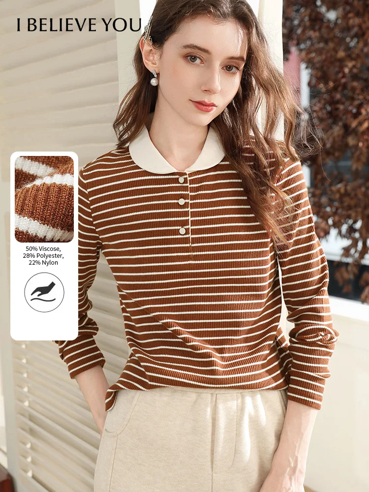 

I BELIEVE YOU Long Sleeve Tops for Woman 2025 Winter Retro Brown Striped Turn Down Collar Knit Long-sleeved T-shirt 2254016072