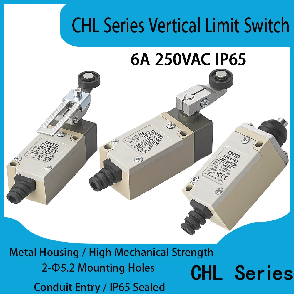 CNTD CHL-5000 CHL-5030 Vertical Limit Switch Metal Housing IP65 1NO 1NC AC-15 6A 250VAC 24mm Hole Roller Swing Rod Snap Action