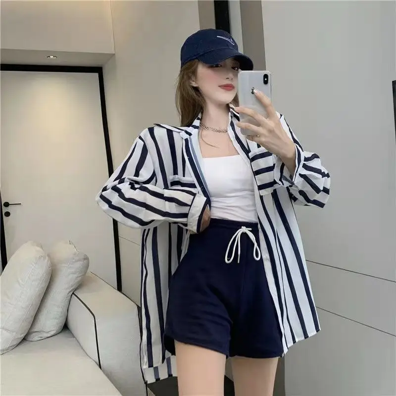 Summer Woman Clothes Ins Chic Youth Lively Korean Fashion Style Sunscreen Shirt Striped Preppy Style Turn-down Collar Casual