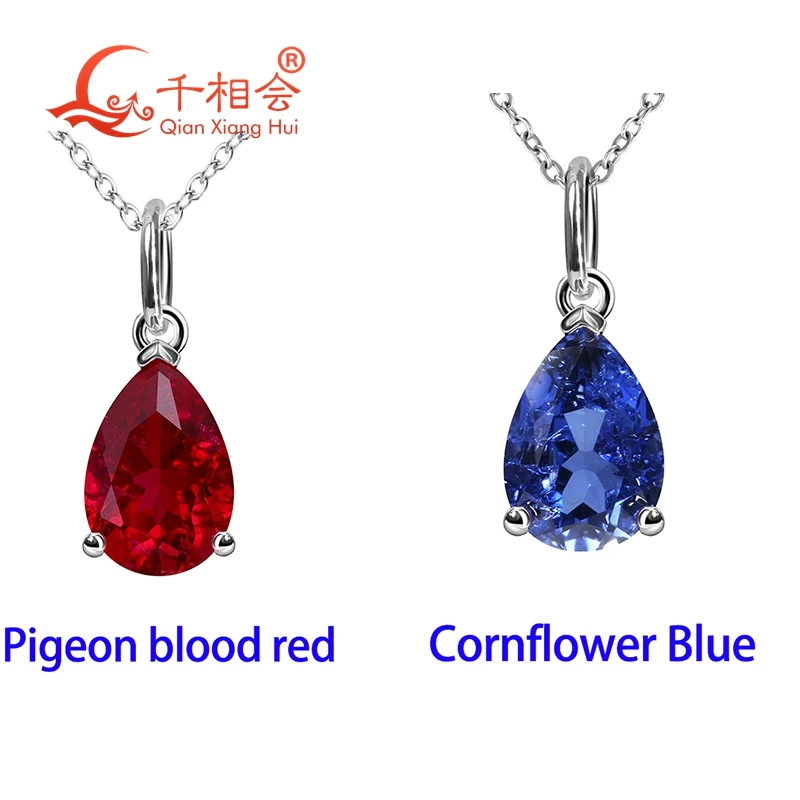 

925 Silver Pear 2.5CT 7x10mm lab grown royal Blue/Cornflower Sapphire Pigeon blood red ruby Inclusions Pendant Necklace
