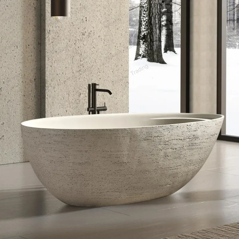 Custom Natural Beige Roman Travertine Bathtub Freestanding Soaking Tub Luxury Villa Hotel Easy Clean Heat Retaining Dur