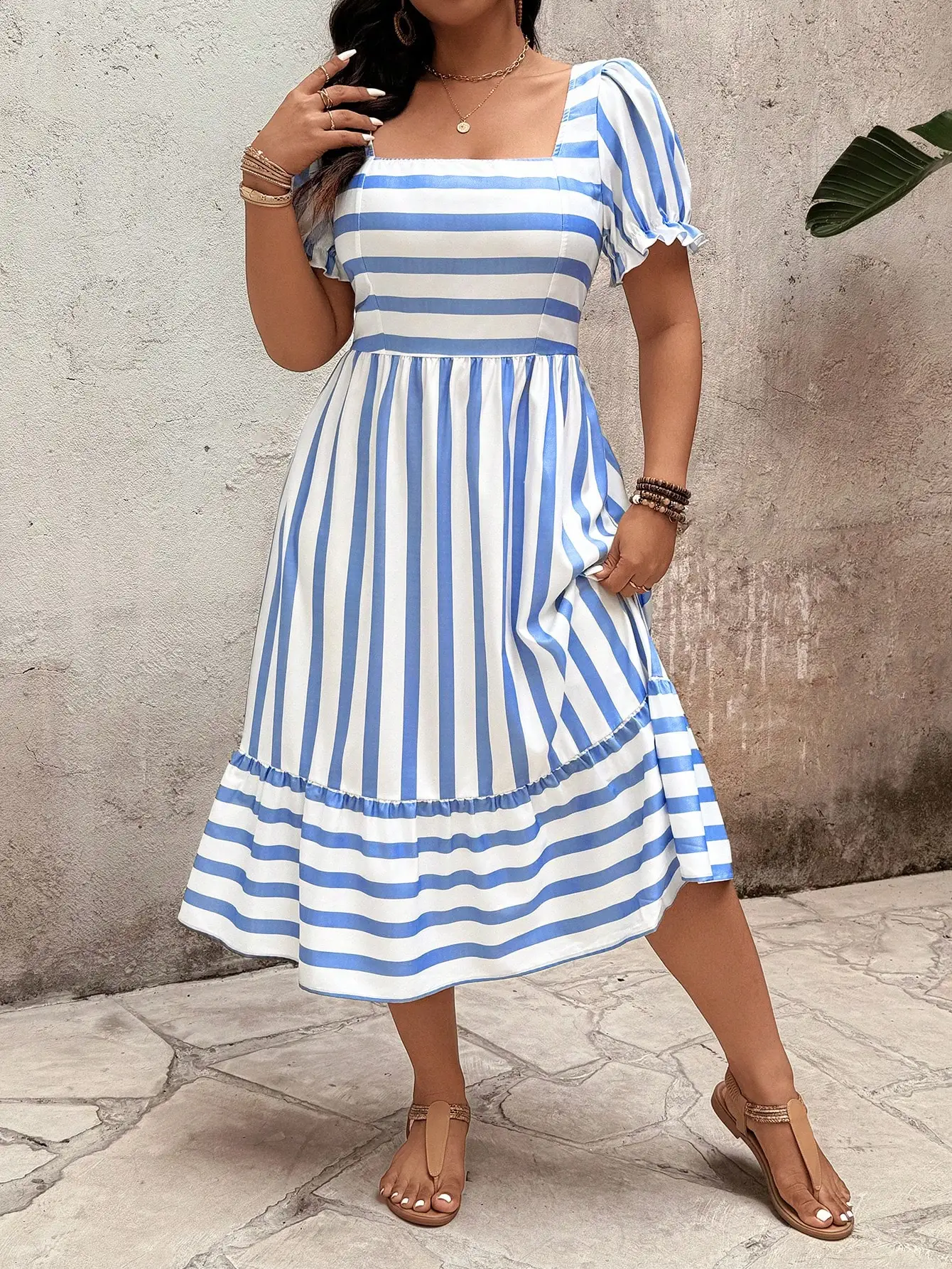 

Elegant Blue And White Striped Midi Dress With Puff Sleeve Square Neck