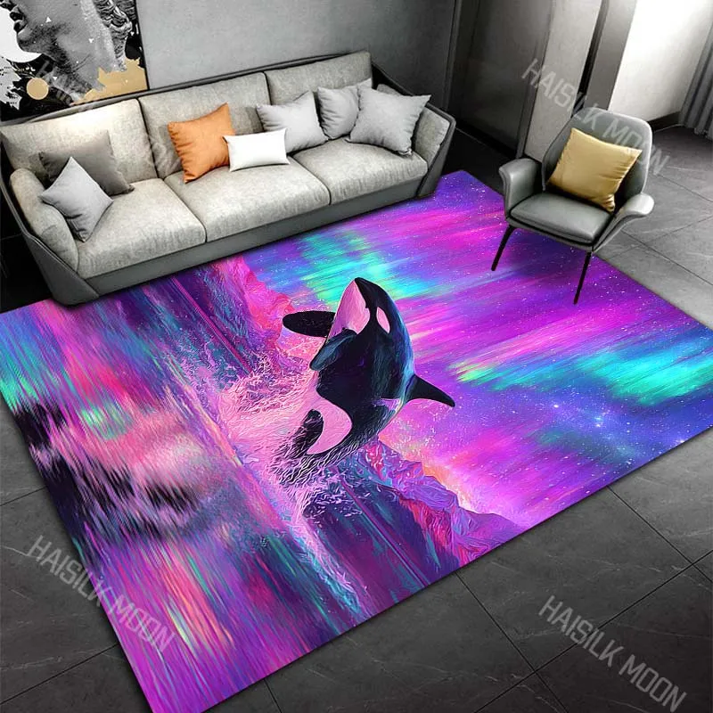 1PC Orca breaching under vivid aurora Carpet for Living Room Bedroom Sofa Home Decor Rus Non-slip Floor Mat Luxury Gift