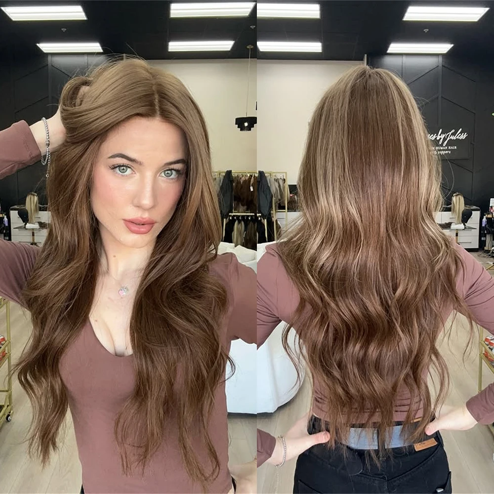 

Пепельно-коричневый парик с медными блестящими прядями, без клея, на кружевной основе, для женщин, натуральные свободные волны, синтетическое волокно Futura, индивидуальный парик с балаяжем