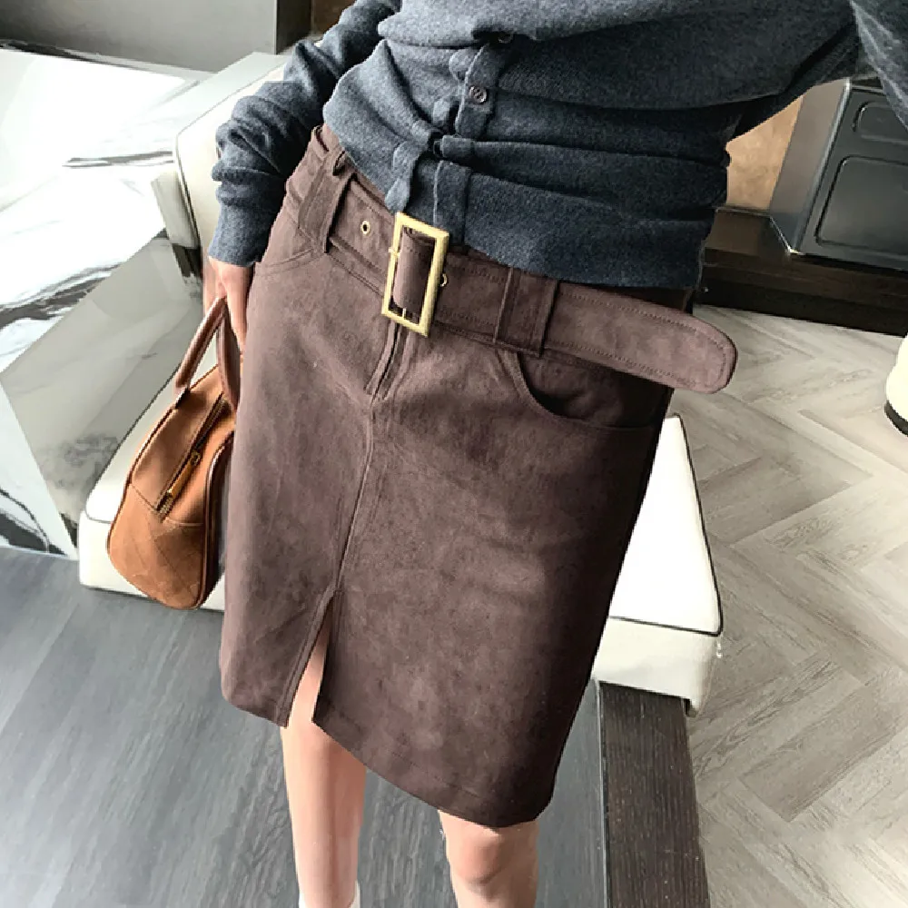 New Autumn Sexy With Buckle Belt High Waist Suede Pencil Skirt for Women Above Knee Length Package Hips Front Slit Skirts Khaki