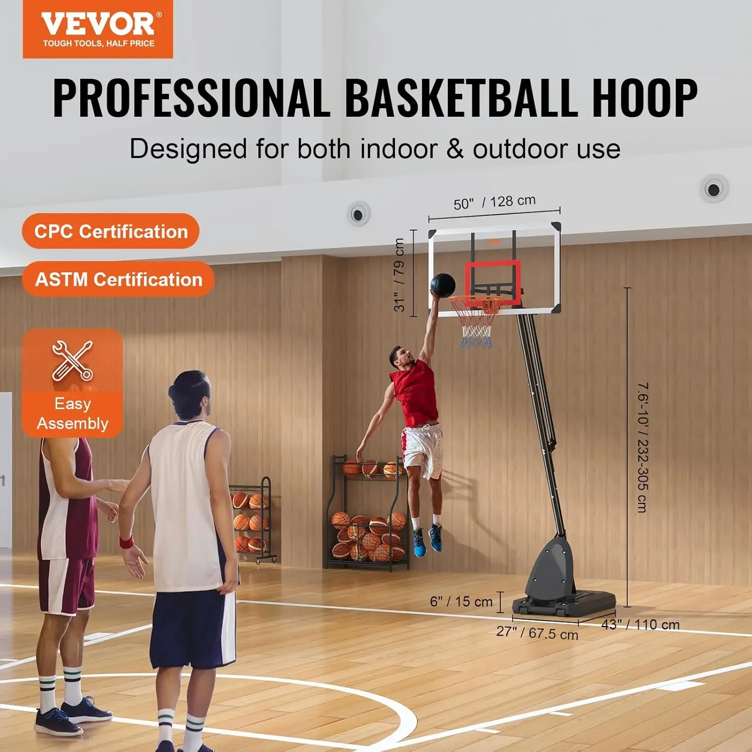 Basketball Hoop, 7.6-10 ft Adjustable Height Portable Backboard System, 50 inch Basketball Hoop & Goal