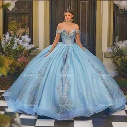 Luxury Sky Blue Princess Quinceanera Dress 2024 One Shoulder Beaded Applique Lace Embellished Puffy vestido de 15 quinceañeras