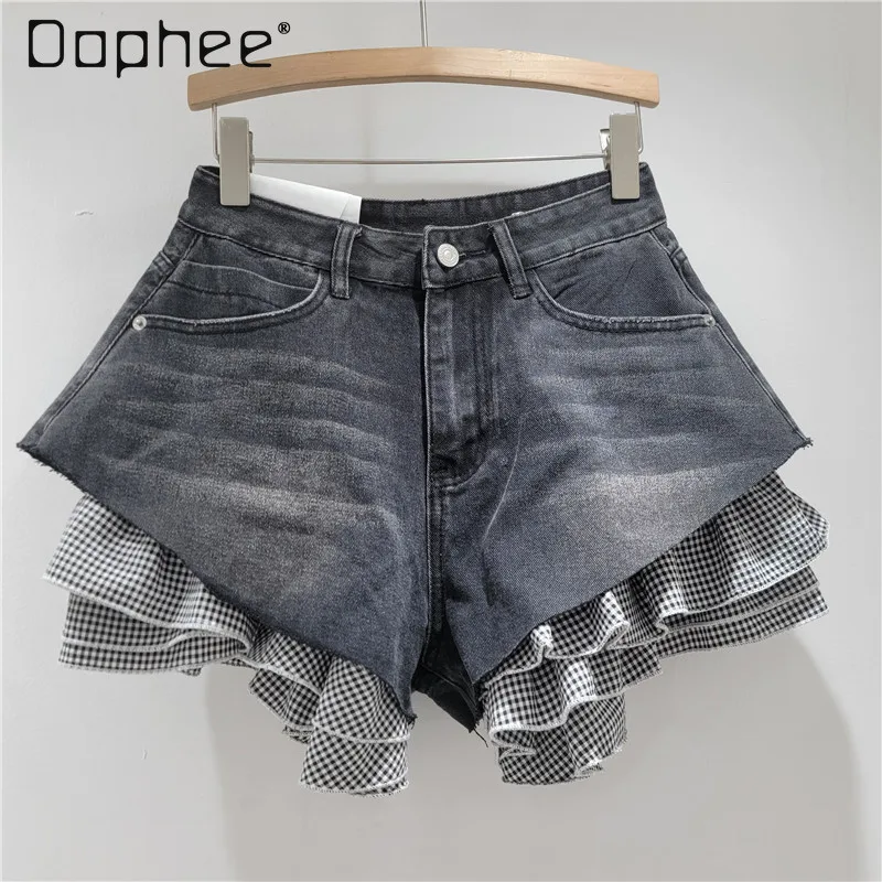 

European American Personalized Denim Splicing Plaid Detachable Shorts Spice Girl Y2K High-waist Slim Jean Shorts Wide Leg Pants