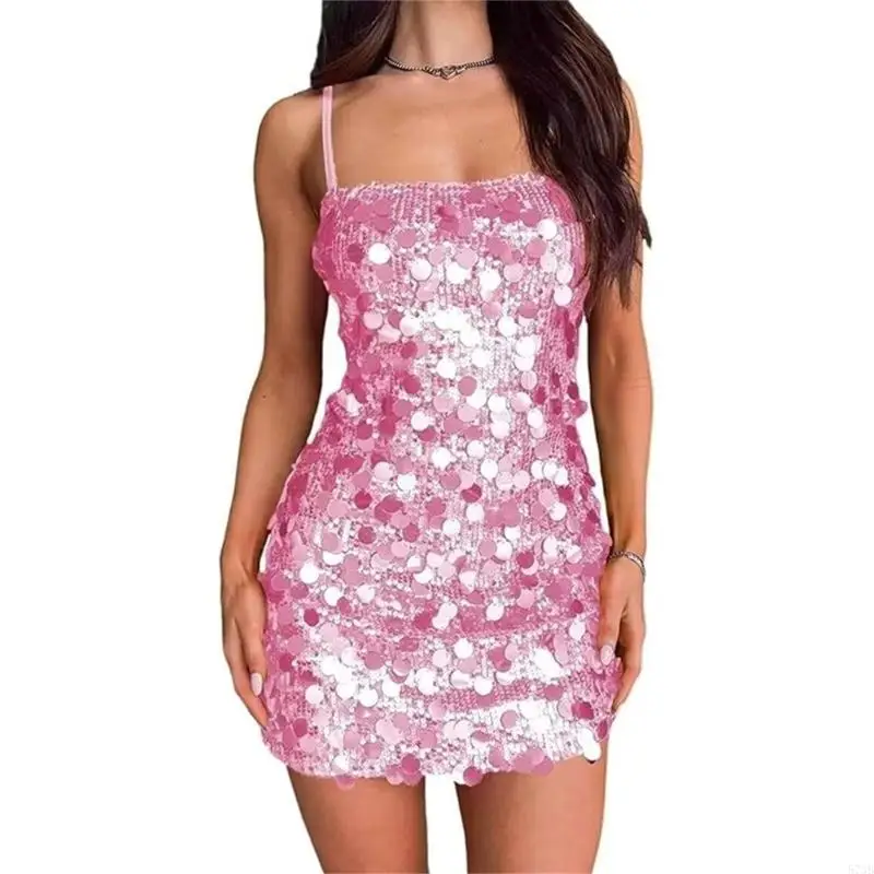 NONE 573B Elegantes, glitzerndes, paillettenbesetztes Cocktail-Mini-Bodycon-Kleid mit Spaghettiträgern für Damen 9