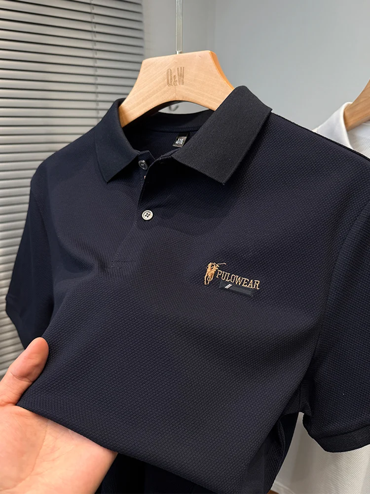 

High-end Luxury Men's Polo Shirt Lapel Horse Embroid Short-sleeve Seamless Mulberry Silk T-shirt Business Fashion Summer Men's