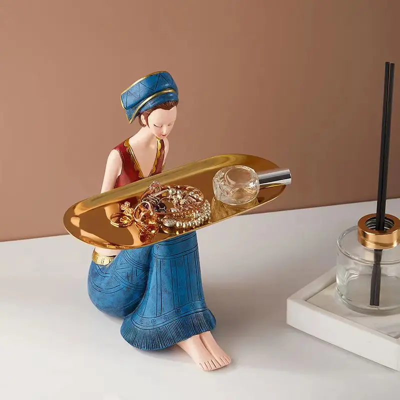 

Nordic Home Decor Girl Art Figure Storage Tray Ornament Luxury Living Room Kawaii Desk Accessories Interior Figurines Decoration