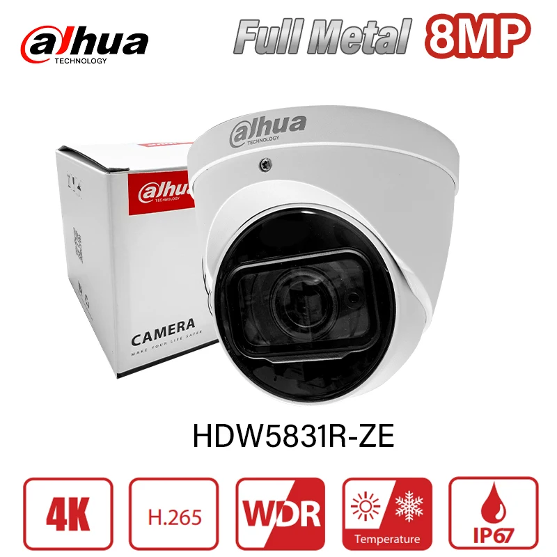 

Dahua 4K Turret Camera Outdoor Full Metal Body IP Camera Night Vision 50m ePoE 2.7-12mm Motorized Lens Built-in Mic HDW5831R-ZE