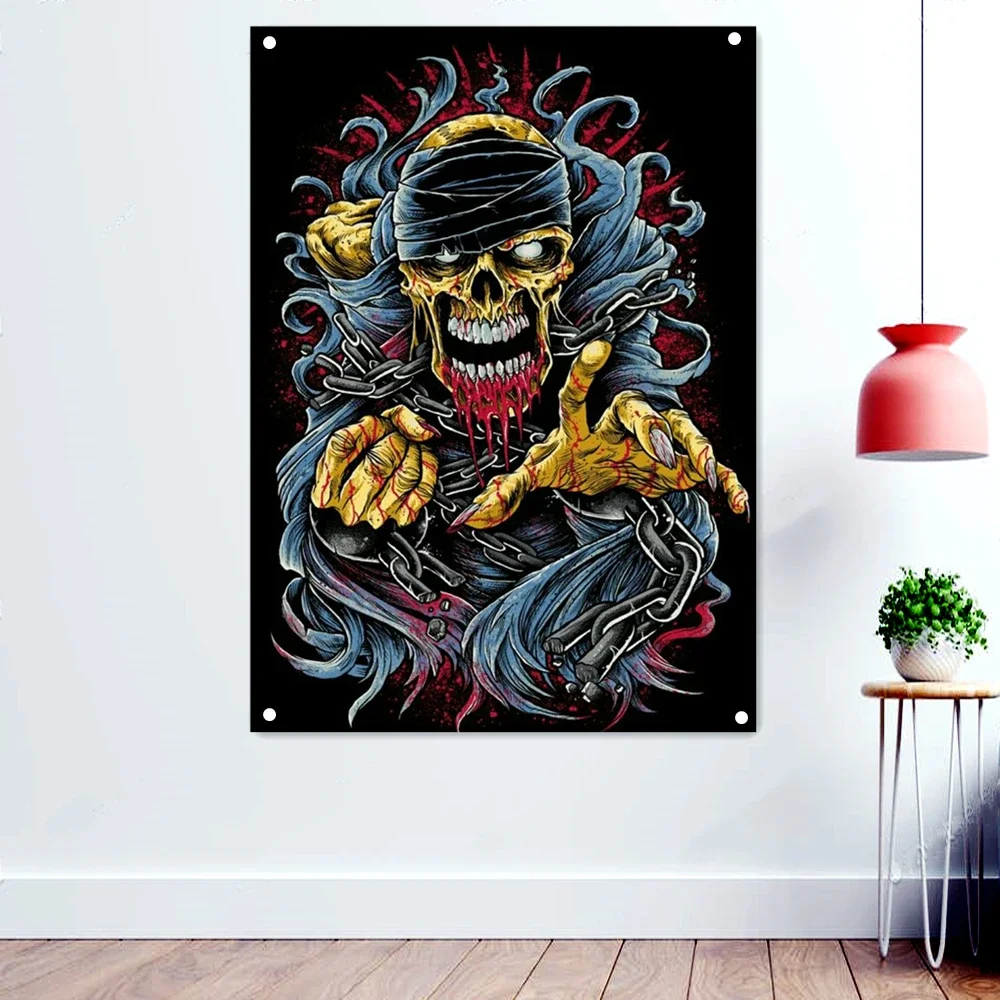 Skeleton Art Vintage Rock Music Band Banners Wall Art Death Metal Artist Poster Scary Blood Skull Flags Retro Hanging Cloth