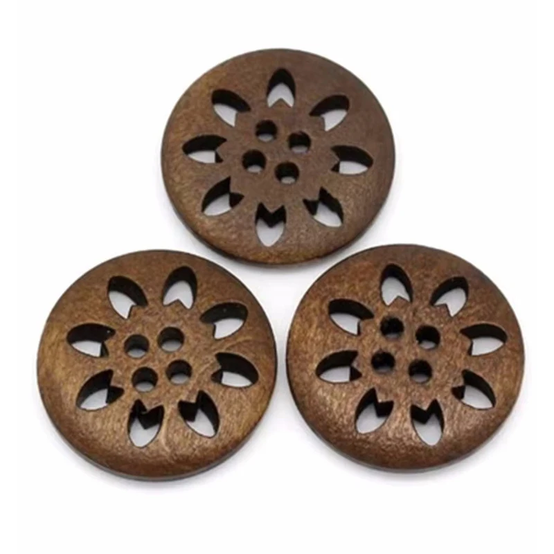 10pcs Wooden Buttons Hollow Flower Round 25mm Buttons Bead 7NK104