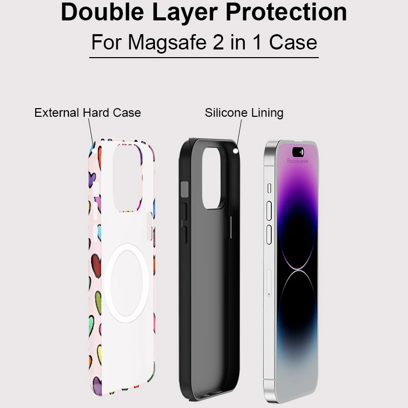 Fcicicase 2 in 1 Magnetic Phone Case For iPhone 15 14 13 12 11 Pro Max 16 17 Air Colorful Love Heart For Magsafe Acrylic Cover - view 3