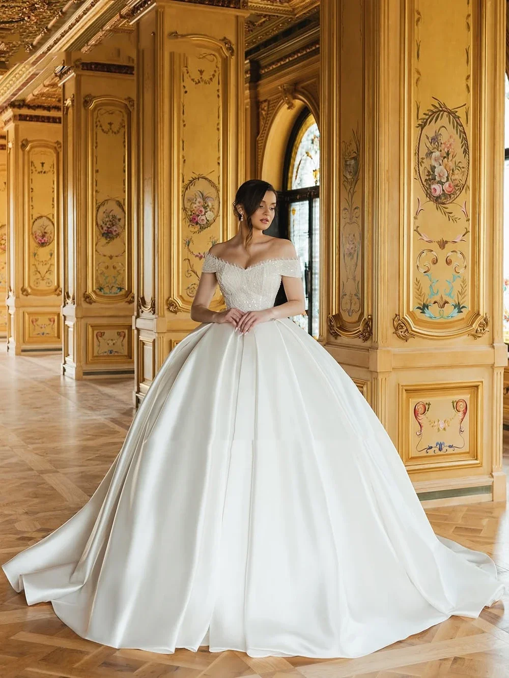 

Изысканные свадебные платья с открытыми плечами, расшитые бисером и кружевом, из атласа, в стиле принцессы, для невесты (vestidos de novia boda)