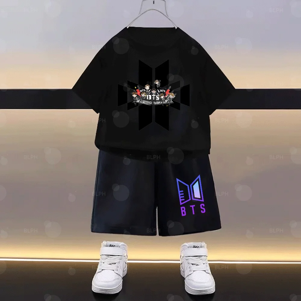 

Kpop BTS Shirt Cute Cartoon Printed Casual Two Piece T-shirt Suit Fashion Comfortable Short Sleeve Top Shorts Set for Fans Teens