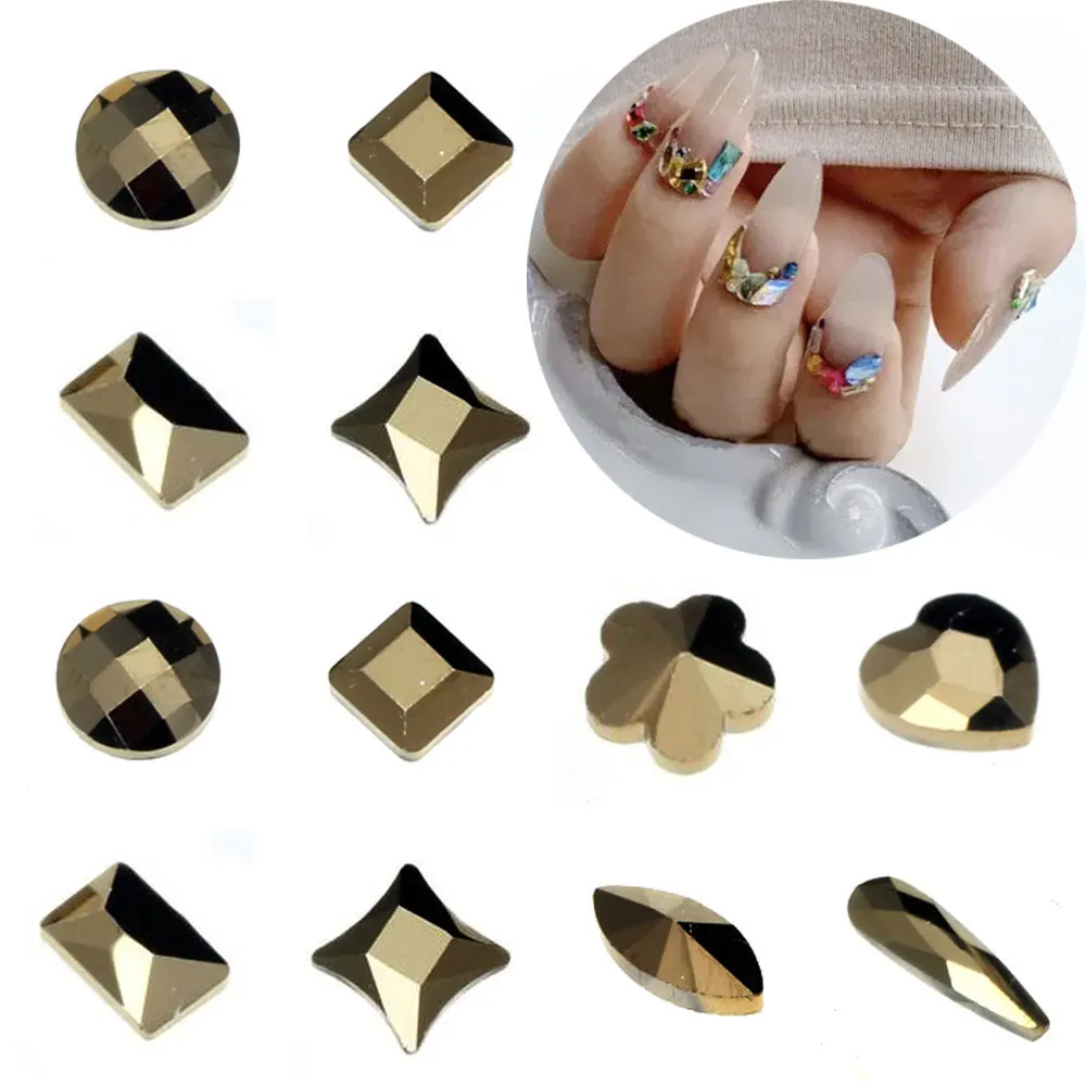 

New gold mixed shape glass crystal rhinestone flat back Strass shiny 3D nails DIY decorative accessories nails