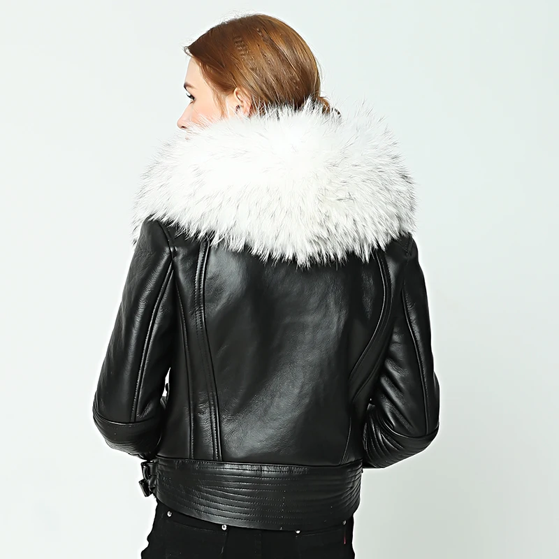 OFTBUY 2022 new Winter jacket coat women Real Sheep skin Leather jacket Double-faced Fur With Raccoon Dog Fur Collar Wool Liner