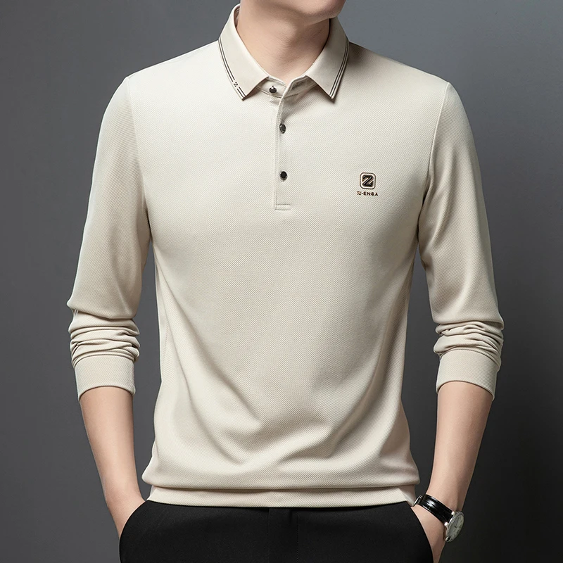 High end brand ice silk long sleeved polo shirt men\'s spring autumn new business casual fashion letter printed lapel T-shirt