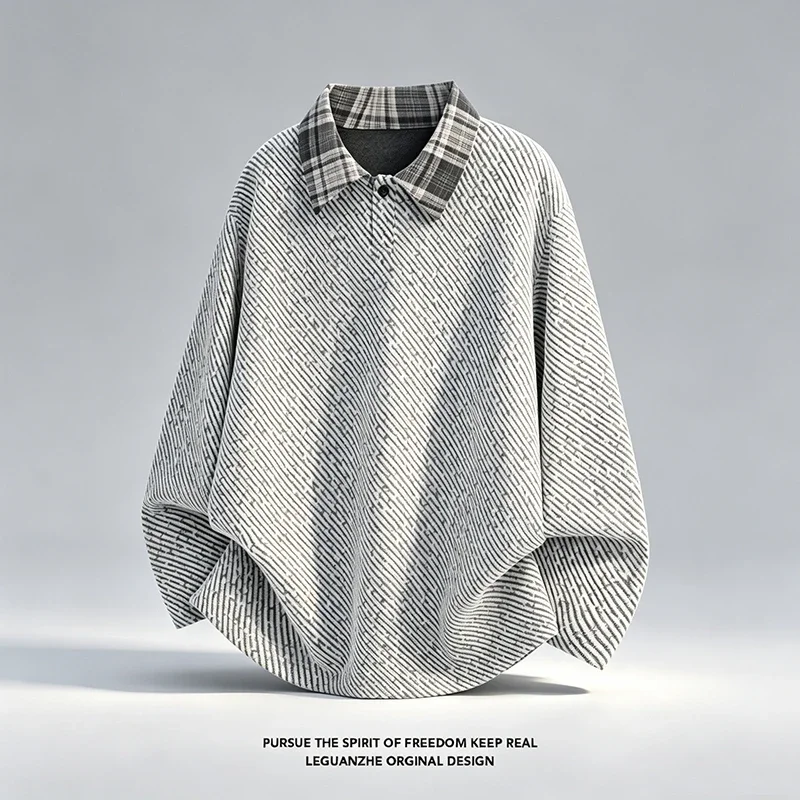 Mens Plaid Collar Long Sleeve Polo Shirt Autumn Textured Knit Loose Fit Casual Tops Contrast Collar Design Daily Wear Pullover