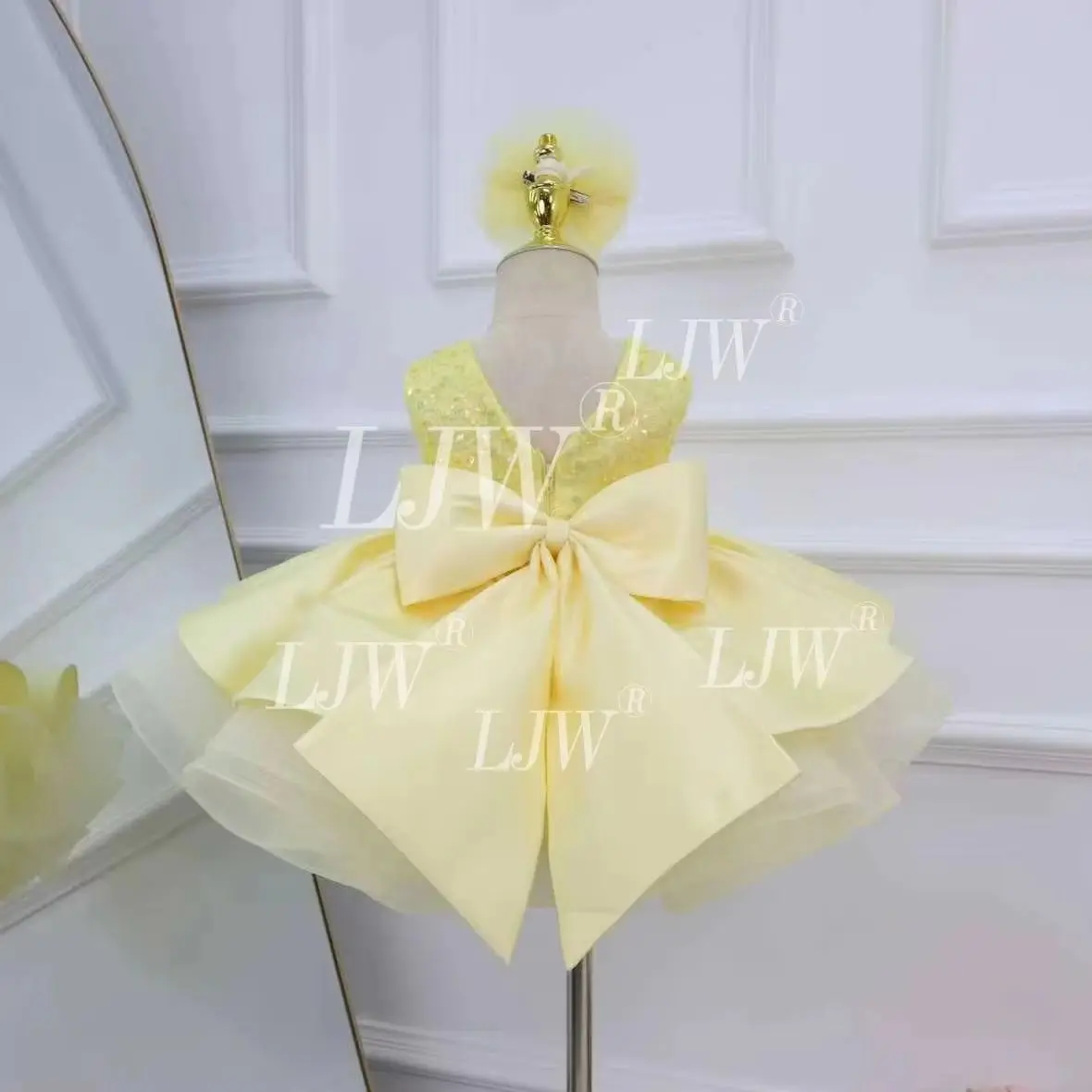 yellow sequin V-neck ballet girls costume irl beauty pageant dress big bow Baby First Christmas Dress Elegant Birthday Party gir