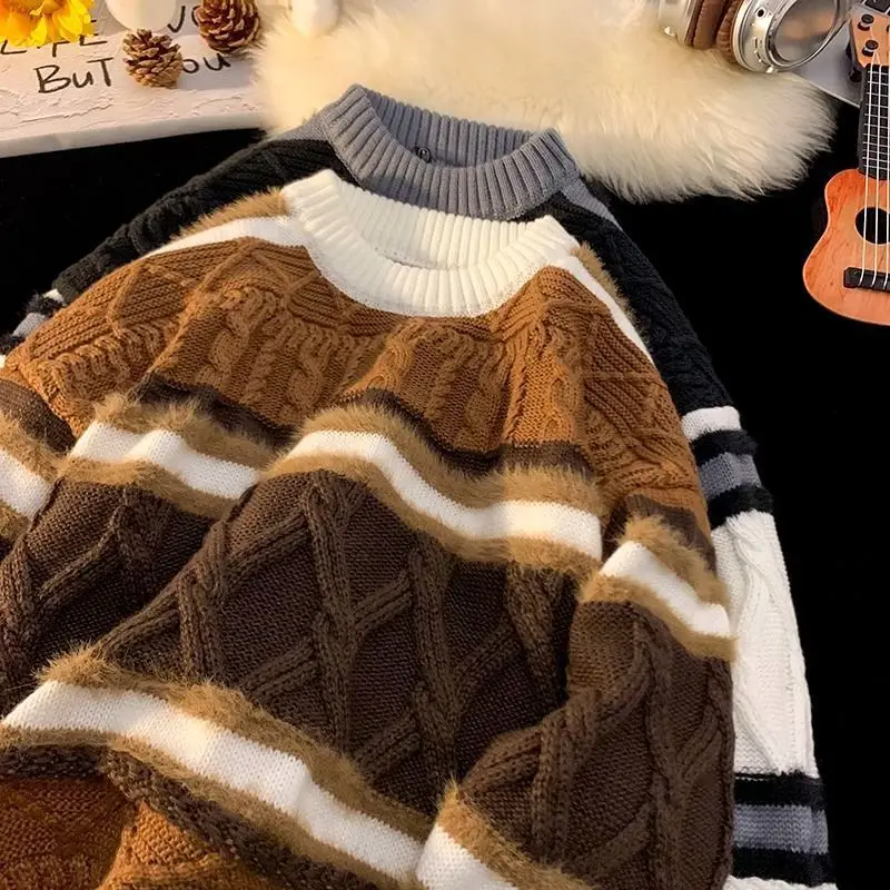 Jersey de cuello redondo jacquard personalizado para parejas, moda urbana americana de otoño e invierno, tejido suelto de color retro bloqueado