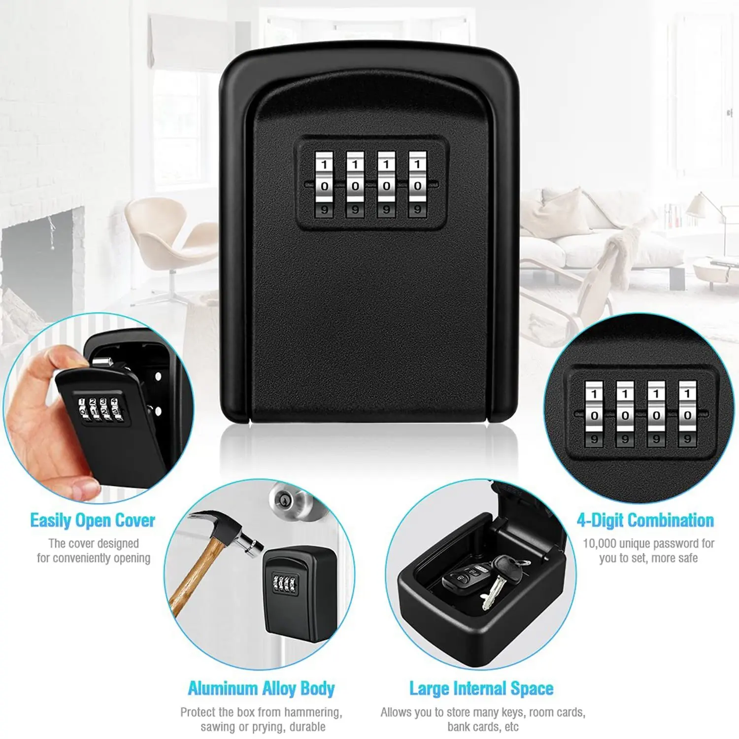 Key Lock Box 4 Digit Combination Lock Box for House Key Weatherproof Security Key Storage Lock Box Black