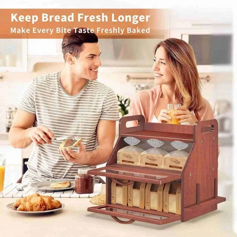 

A64Z Bamboo Double-Layer Bread Box With Knife And Spice Rack-Multipurpose Kitchen Storage Container