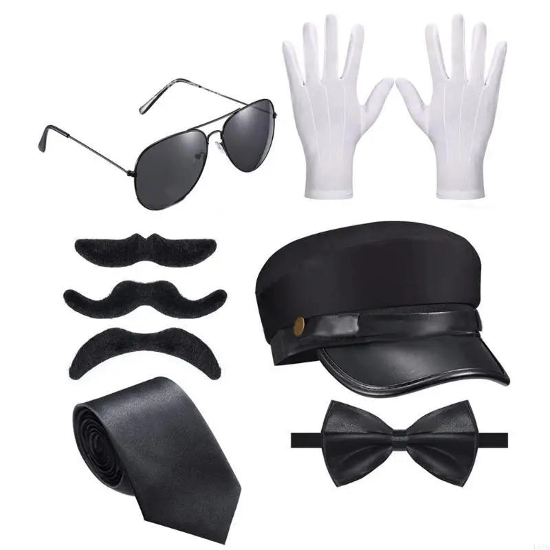 

L5YA Chauffeur Hat and Eyeglasses Gloves Set for Role Play Costume Halloween Party