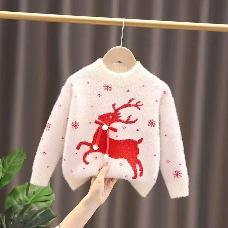 Girls Thickened Warm Sweater 2023 Autumn/Winter New Girls Fashionable Pullover Thread Shirt Mink Fleece Knit Kids