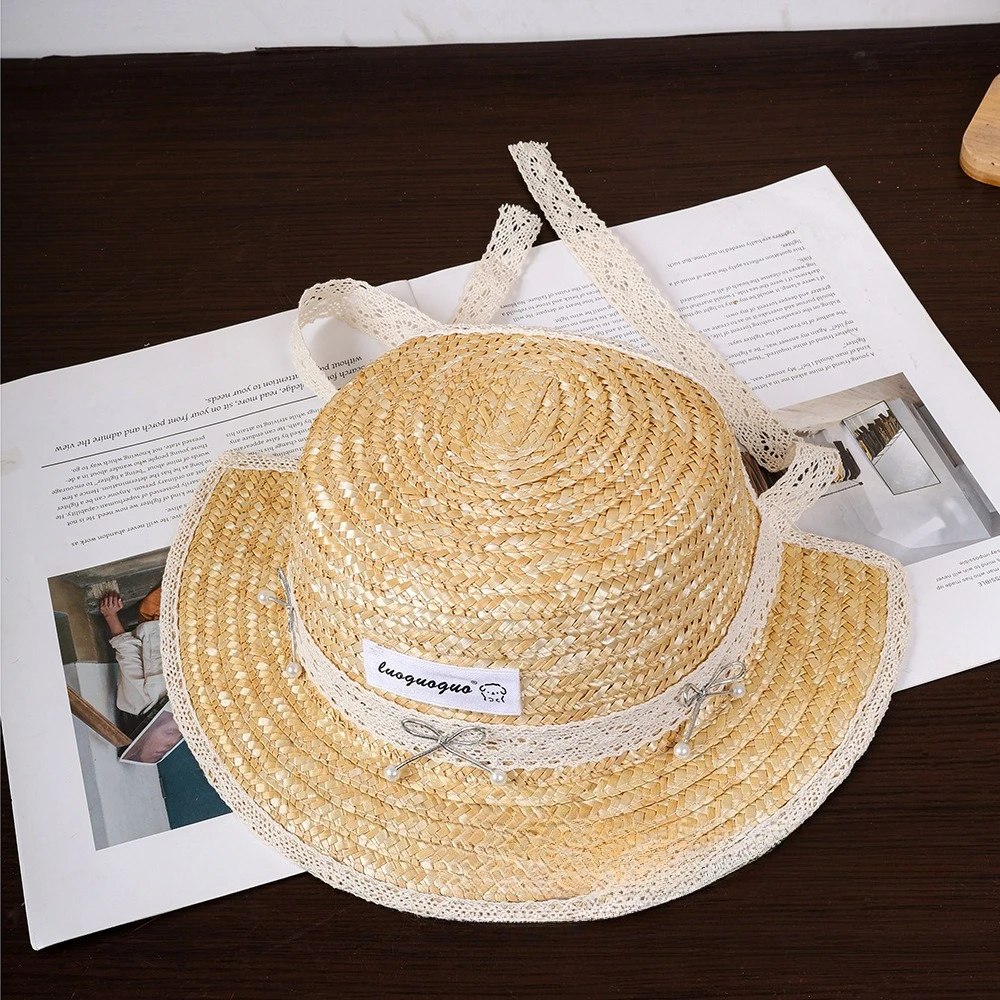 Sommerhut für Mädchen im französisch-britischen Stil aus Weizenstroh mit Spitze, flacher Krempe, eleganter UV-Schutz, Sonnenhut für Outdoor-Aktivitäten – Detail 10