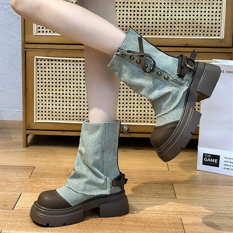 Fashion Canvas Ankle Boots Women 2023 Autumn Chunky Heel Thick Bottom Platform Boots Breathable Mid-calf Cowboy Boots for Women