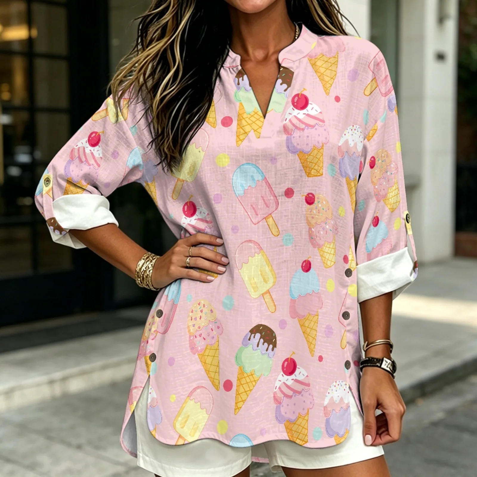 PENSTROLL Ice Cream Polka Dot Linen Style Tunic Blouse for Daily Wear Relaxed Fit Womens Long Sleeve Tops Tunic Dress Shirts