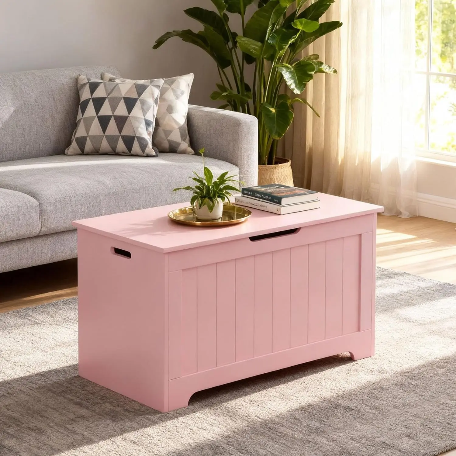 Storage Chest, 30 inches Chest Box Organizer with 2 Safety Hinges, Wooden Entryway Storage Bench, Pink, Customized
